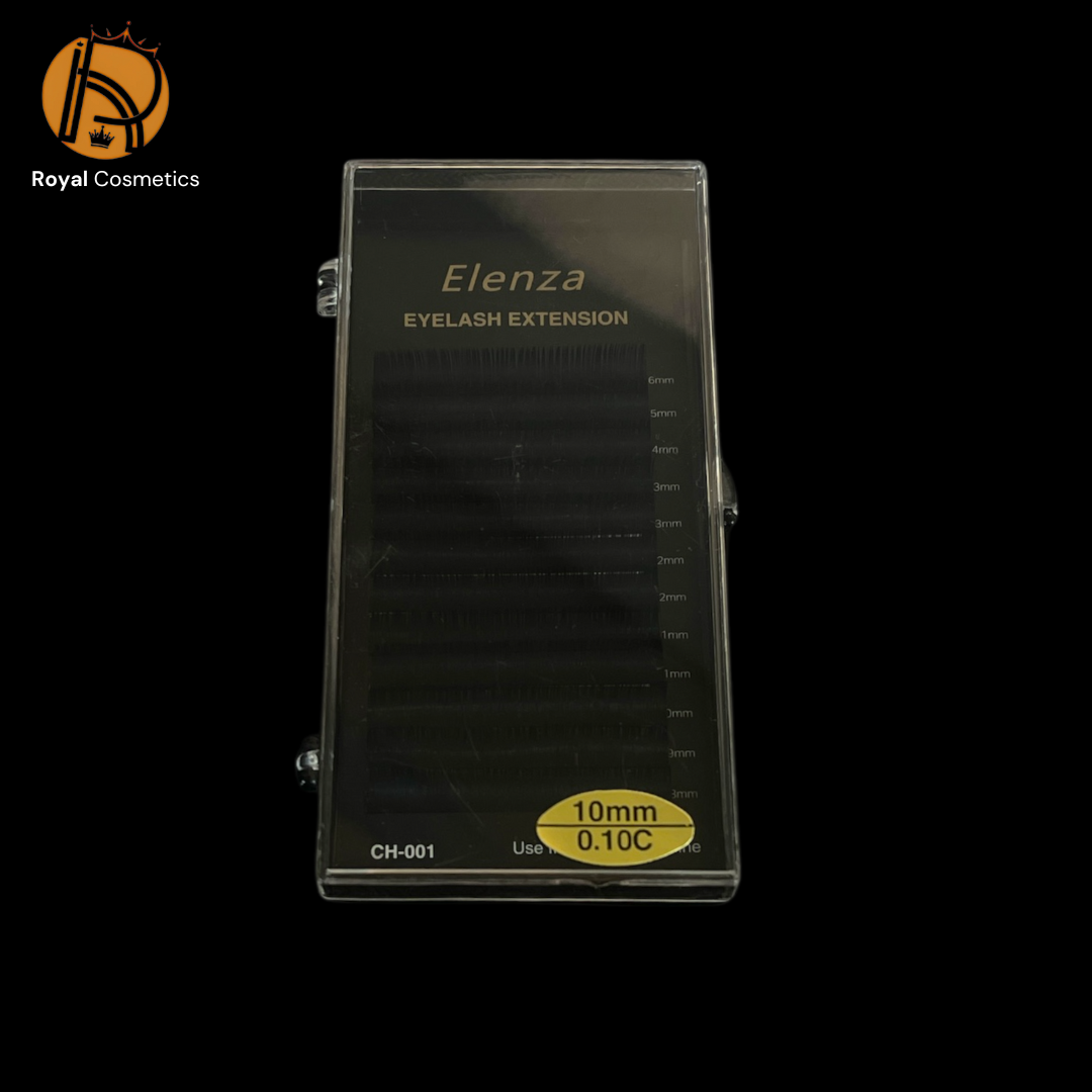 Elenza Eyelash Extensions CH-001 arranged in a sleek case, showcasing varying lengths from 8mm to 16mm, with a specification of 0.10C/10mm for professional lash application