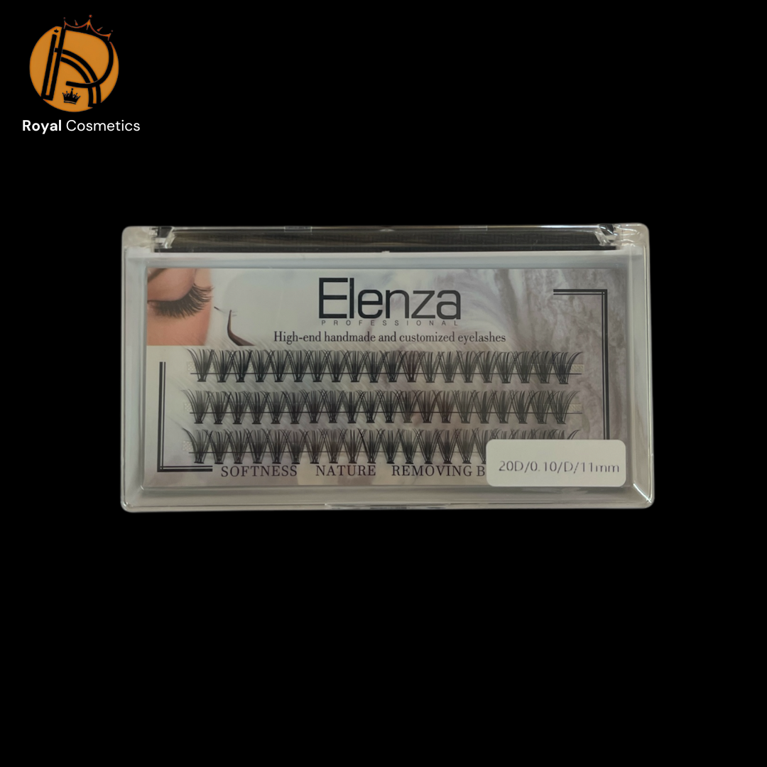 Handmade Elenza eyelashes displayed with a luxurious finish, showcasing their natural softness and hygienic design, labeled as 20D/0.10/D/11MM