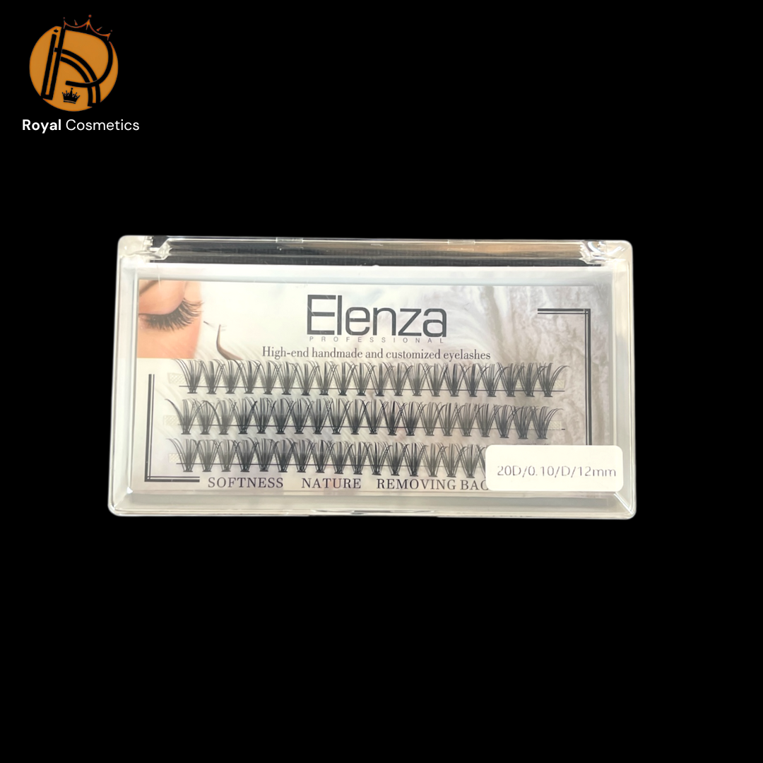 Handmade Elenza eyelashes displayed with a luxurious finish, showcasing their natural softness and hygienic design, labeled as 20D/0.10/D/12MM