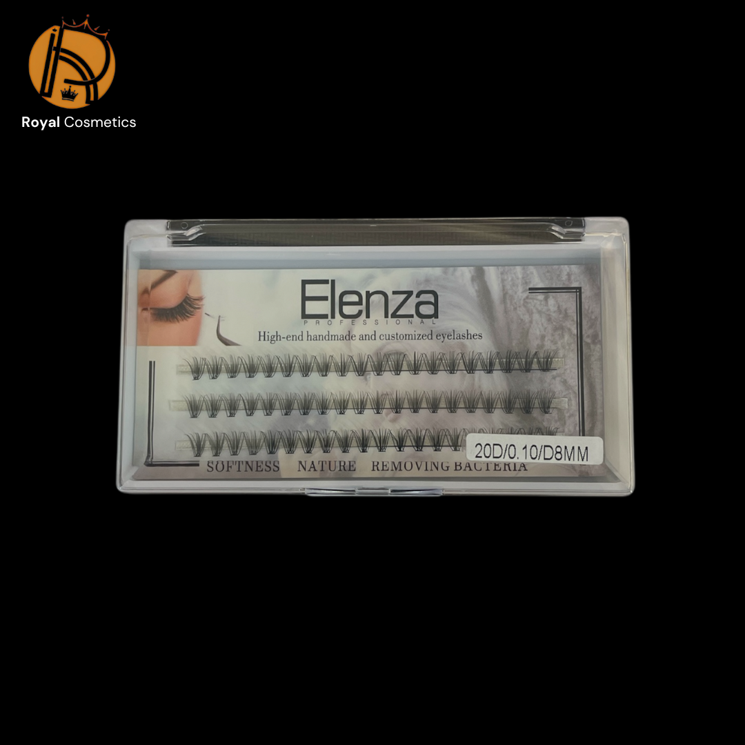 Handmade Elenza eyelashes displayed with a luxurious finish, showcasing their natural softness and hygienic design, labeled as 20D/0.10/D/8MM