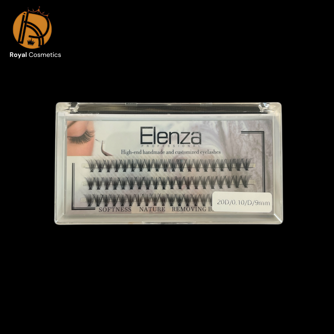 Handmade Elenza eyelashes displayed with a luxurious finish, showcasing their natural softness and hygienic design, labeled as 20D/0.10/D/9MM