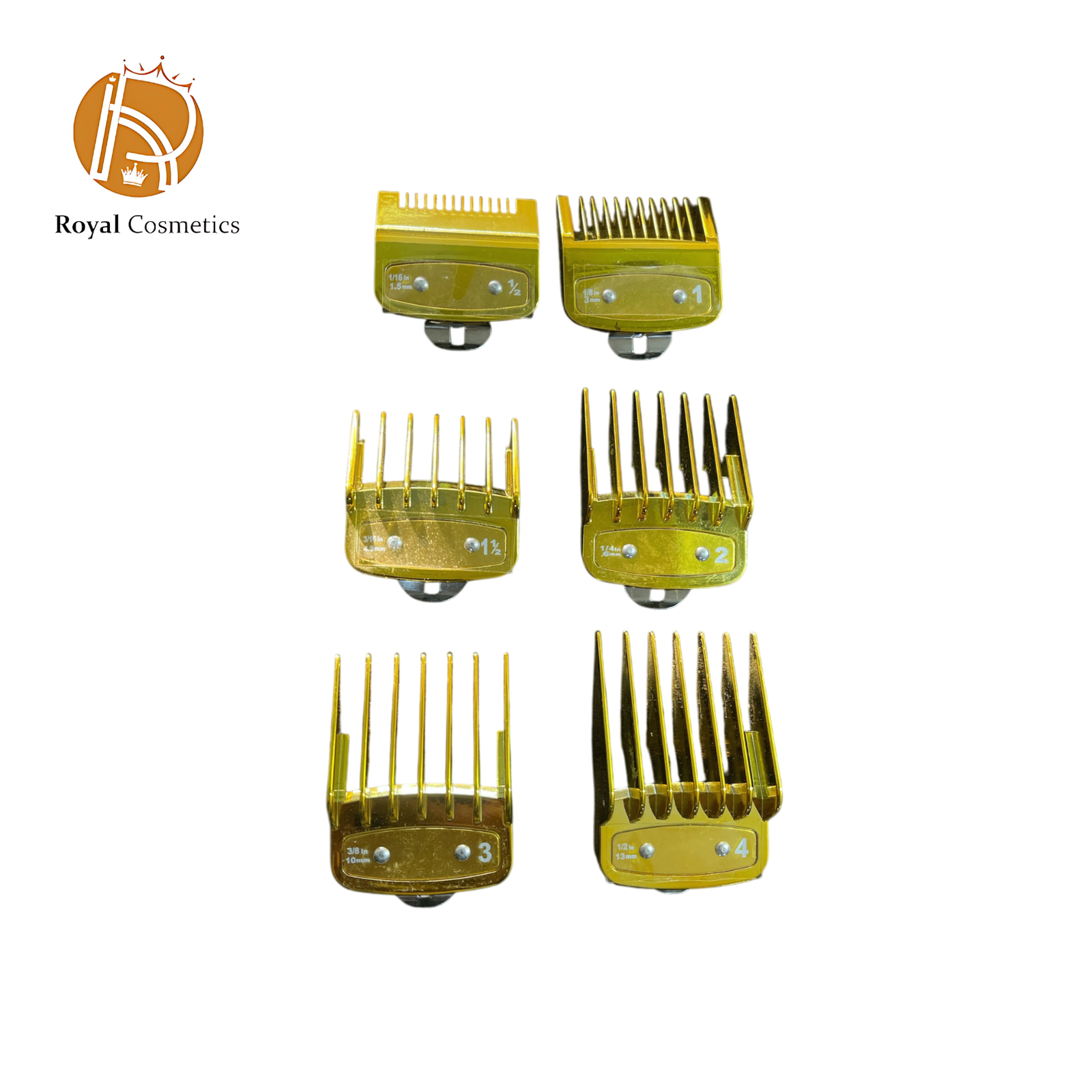 Set of six gold clipper guards in various sizes, neatly arranged, showcasing their sleek and durable design for precise haircuts