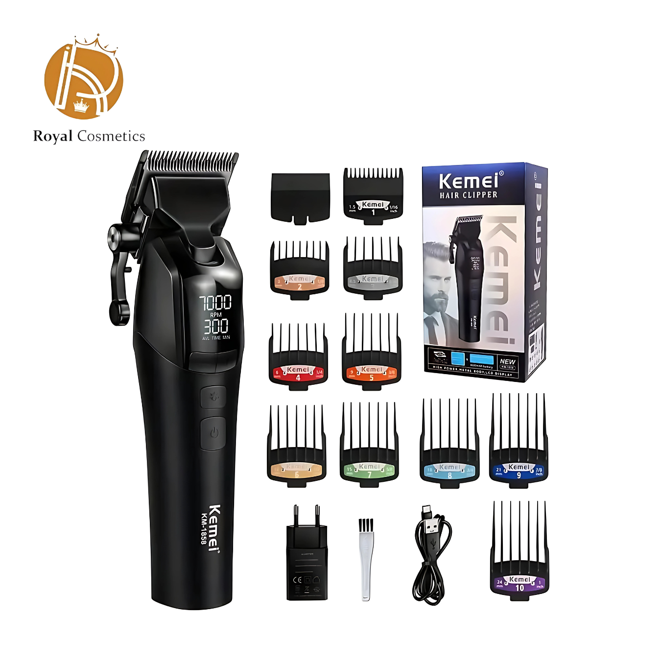 Kemei KM-1858 Professional Hair Clipper – Cordless, Rechargeable, Self-Sharpening Blade, Fade Blade, Digital Display, USB Charging, Haircut Grooming Kit for Home & Barber Use