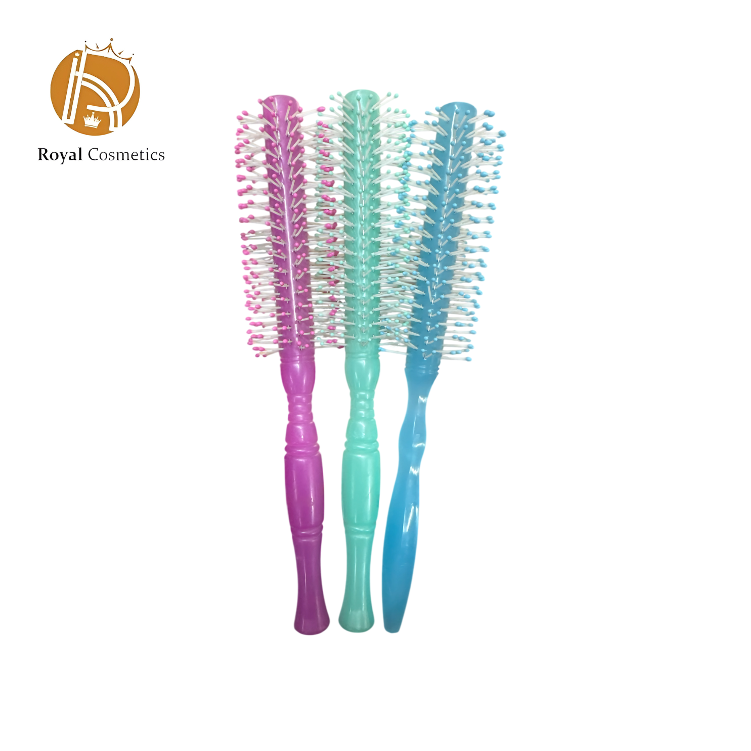 Round hairbrush in vibrant pink, green, and blue for smooth styling