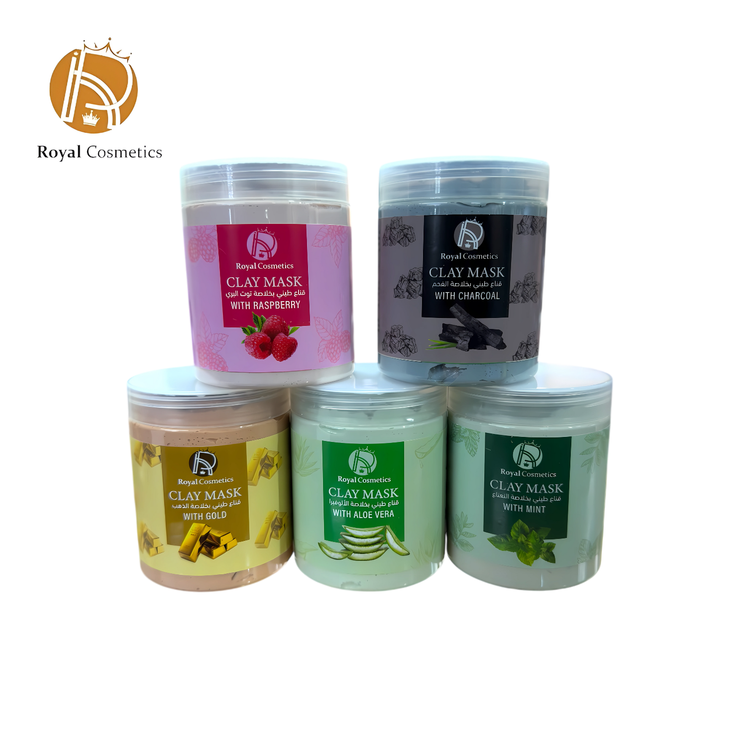 Royal Cosmetics Clay Mask in Mint, Charcoal, Aloe Vera, Gold, and Raspberry variants for deep cleansing and radiant skin