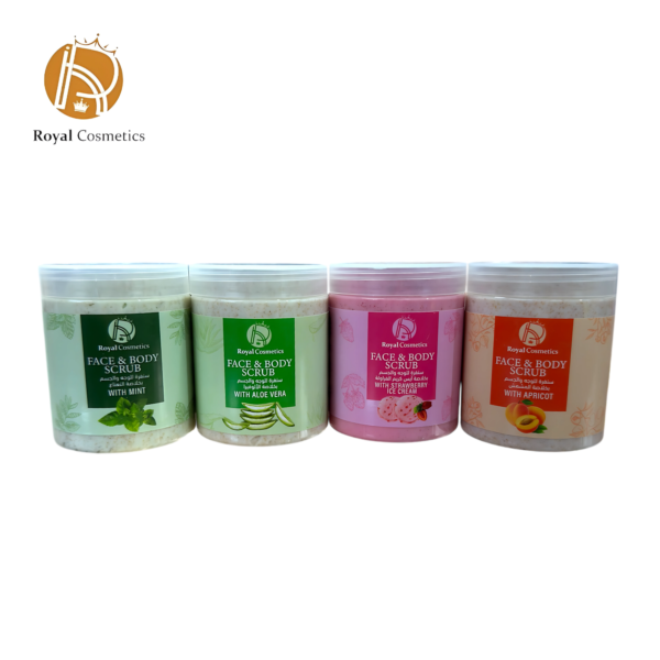 Royal Cosmetics Face and Body Scrub in Mint, Strawberry Ice Cream, Aloe Vera, and Apricot variants for smooth and radiant skin