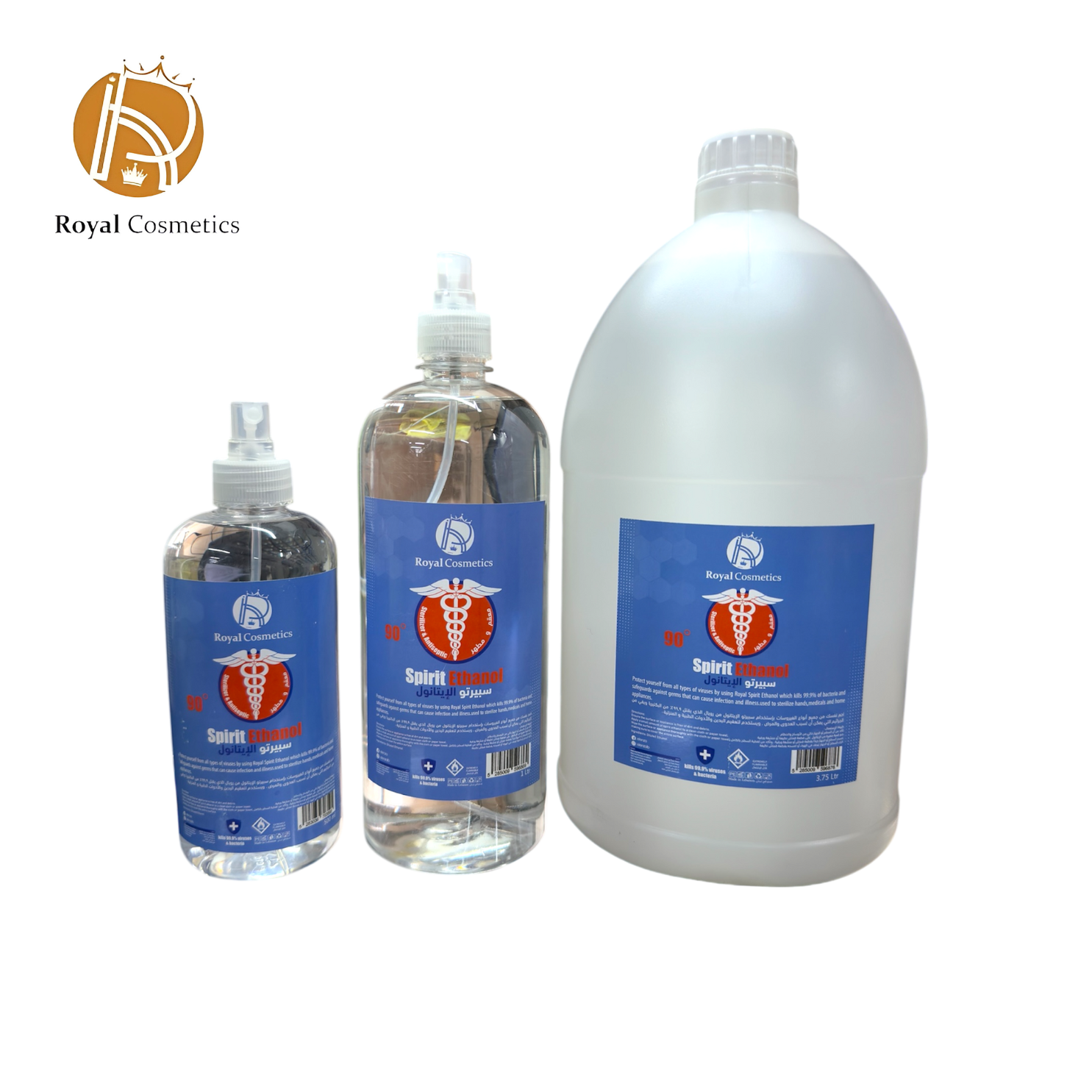 Royal Cosmetics Spirit Ethanol disinfectant available in 500ml, 1L, and 3.75L sizes, ideal for killing 99.9% of bacteria and viruses