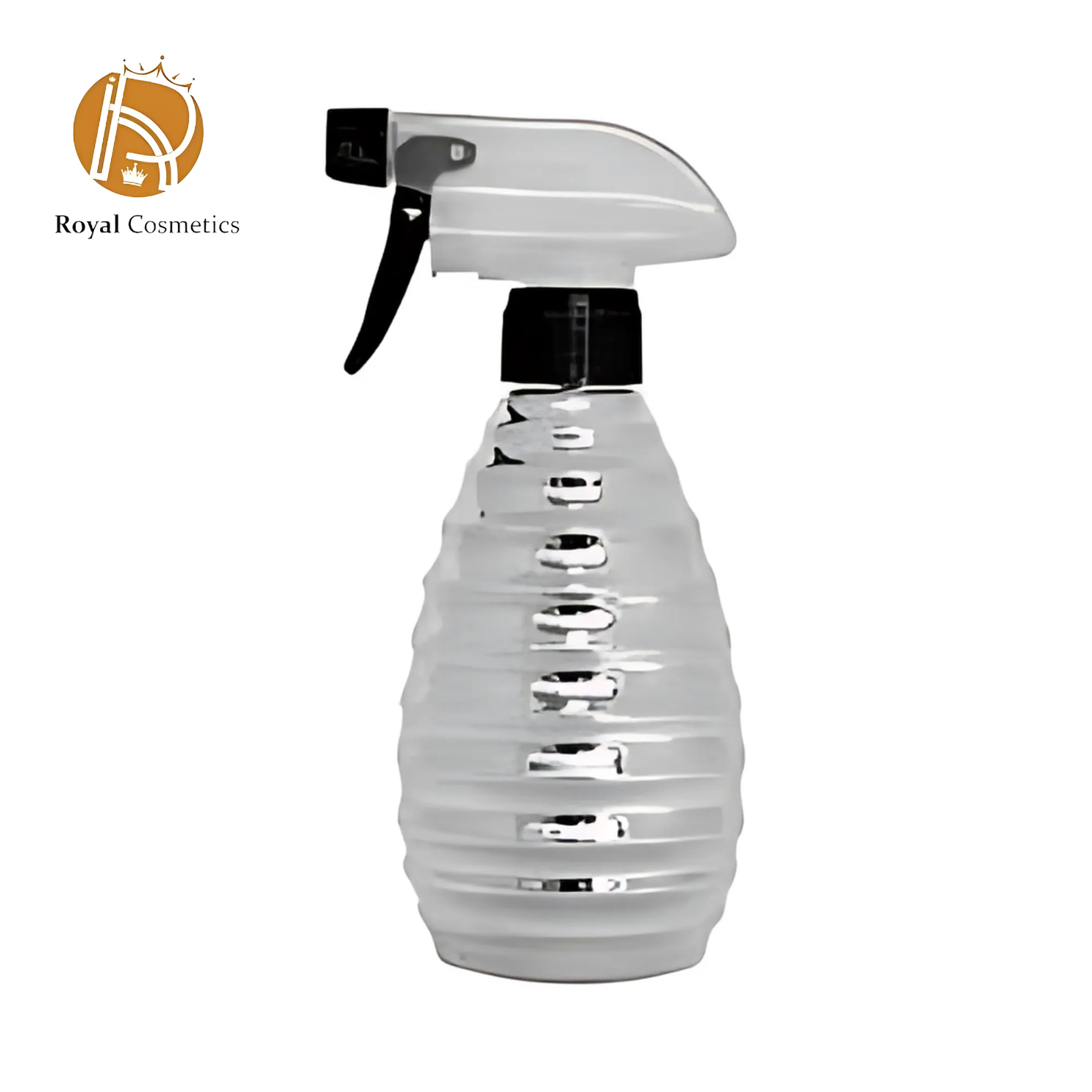 Silver water spray bottle with a sleek design and adjustable nozzle, ideal for professional and home use