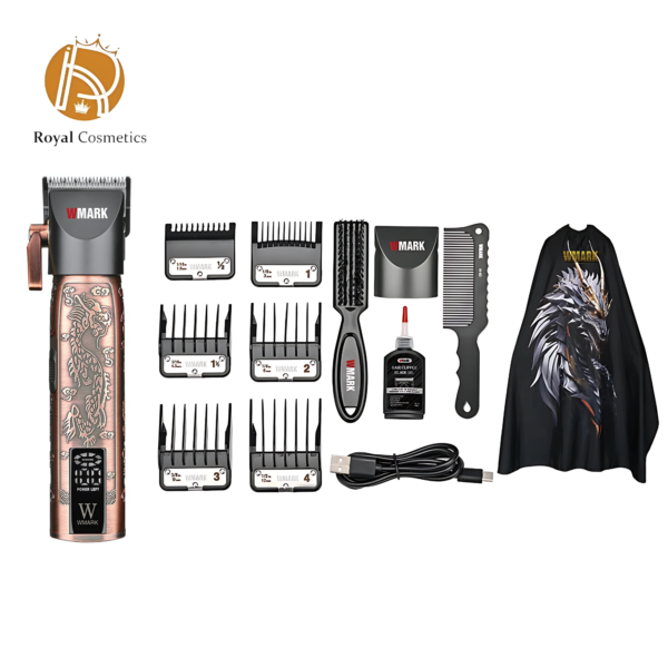 WMARK NG-2046 Hair Clipper with powder metallurgy taper blade, ceramic moving blade, and comprehensive grooming accessories in a sleek metal design