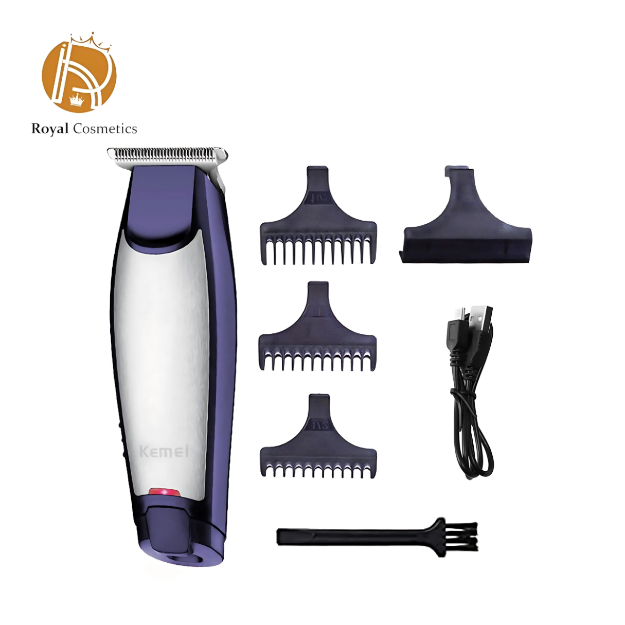 Kemei Hair Clipper KM-5021 with stainless steel blades, adjustable cutting length, and ergonomic design, displayed on a clean white background with accessories such as comb attachments and a cleaning brush - Royal Cosmetics