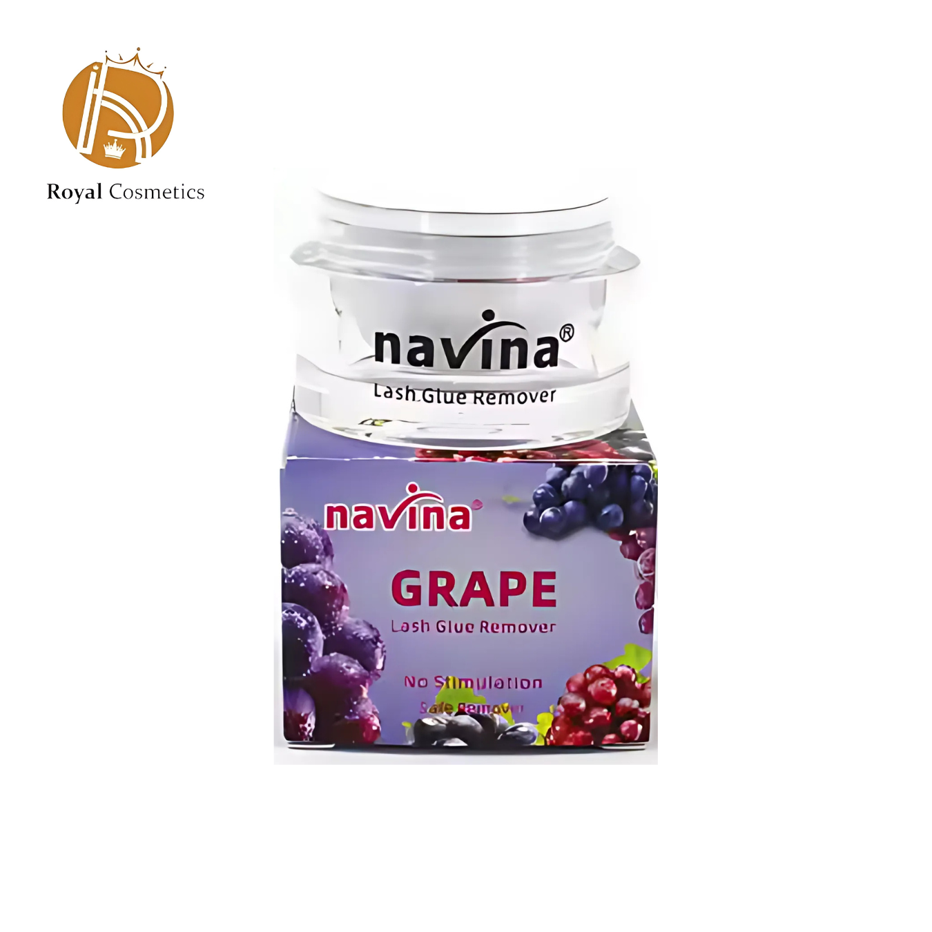 Navina Grape Lash Glue Remover in a 20g tube, displayed on a clean background with a grape illustration to highlight its fragrance. The product is ideal for gentle and irritation-free removal of eyelash extensions - Royal Cosmetics