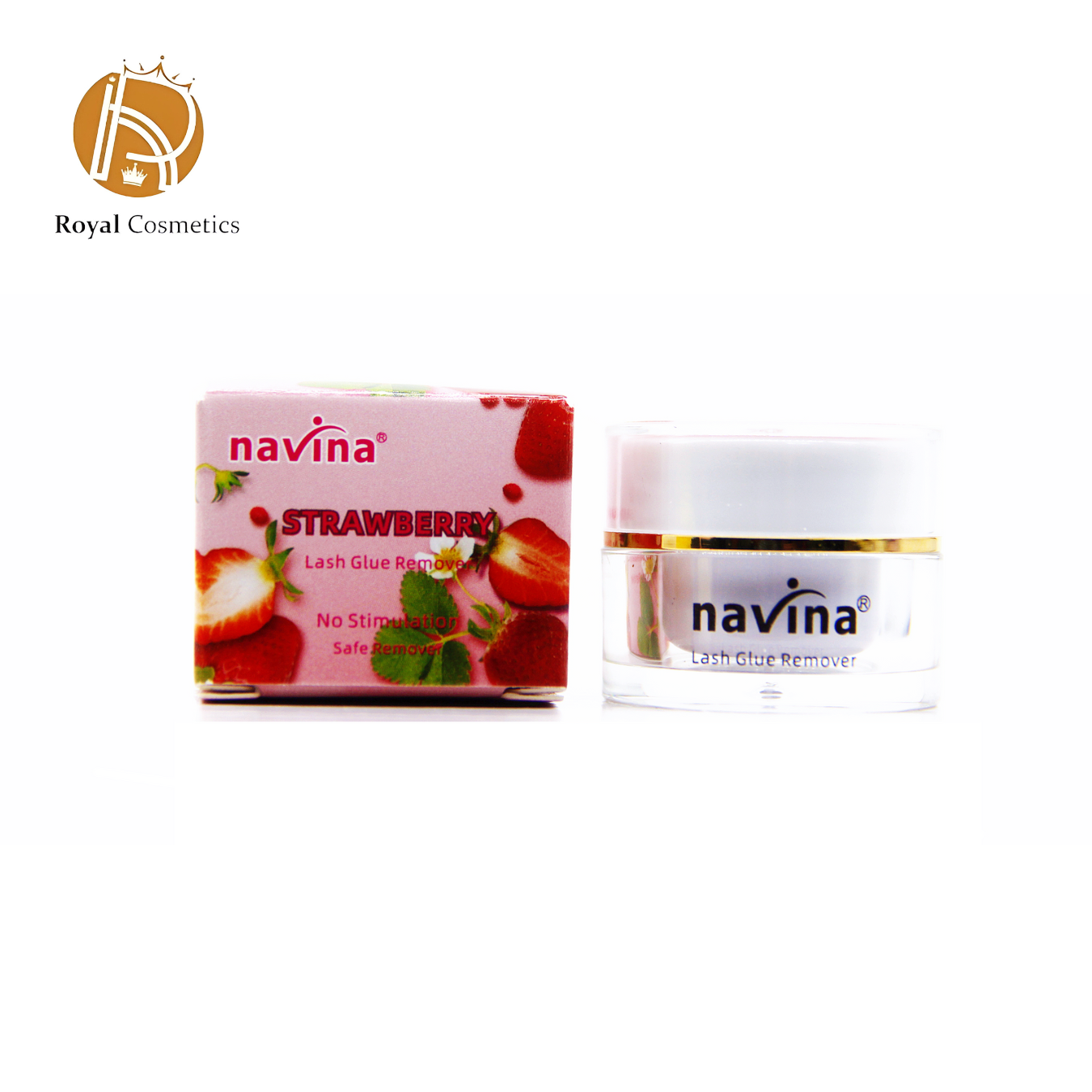 Navina Strawberry Lash Glue Remover in a 20g tube, displayed on a clean background with a strawberry illustration to highlight its fragrance. The product is designed for gentle and effective removal of eyelash extensions, suitable for all skin types - Lebanon