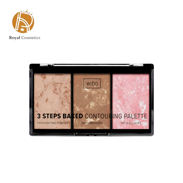 Wibo 3 Steps Baked Contouring Palette, showcasing a luxurious marble design with three compartments for highlighter, bronzer, and blush. The palette is displayed on a clean background, emphasizing its compact and elegant design for effortless contouring and radiant makeup looks - Lebanon