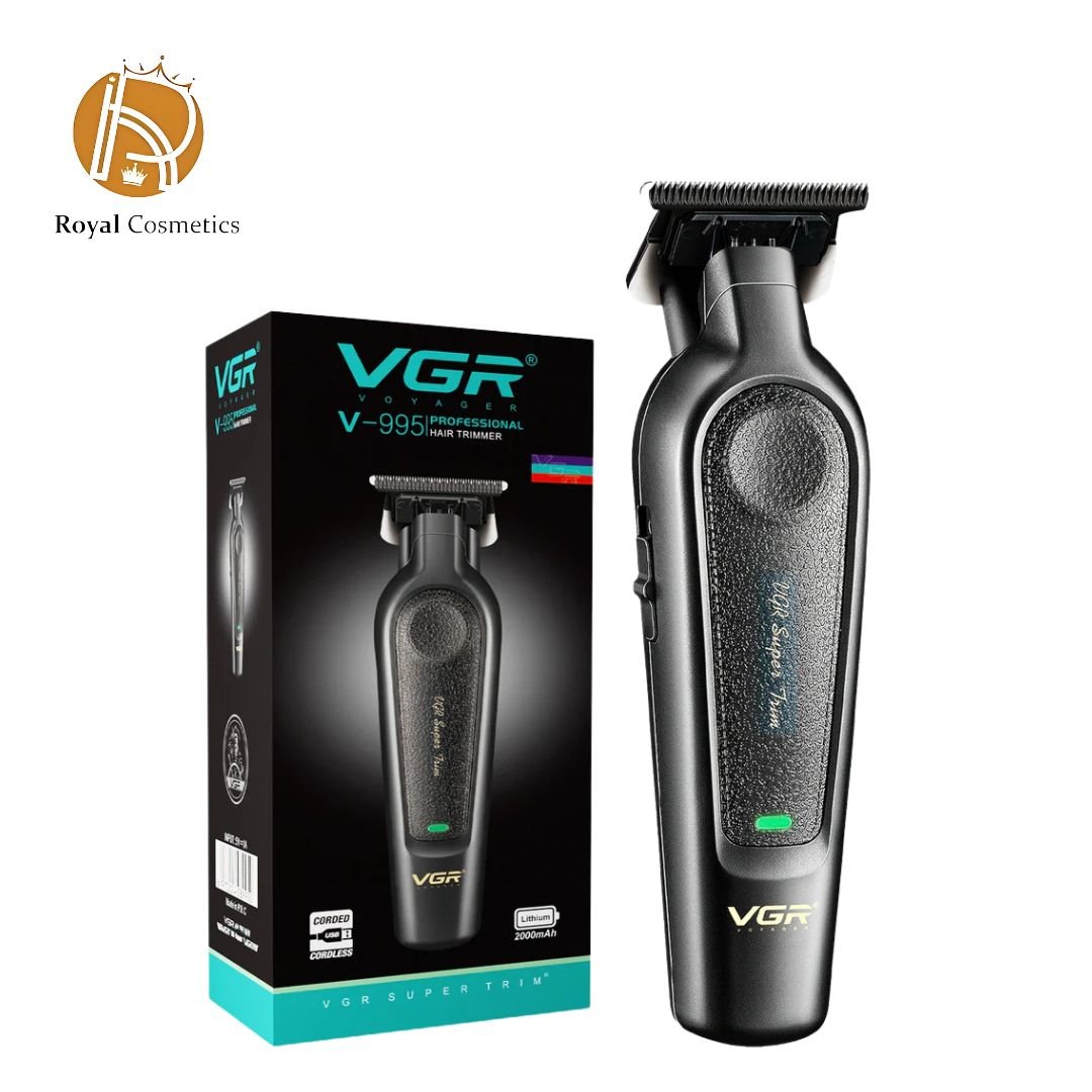 The VGR V-995 is a salon-grade hair trimmer designed for men who demand precision, power, and convenience in their grooming routine. Equipped with a professional T-blade and powered by a 2000mAh lithium battery, this trimmer offers up to 300 minutes of cordless use on a single 3-hour charge — ideal for barbers and home users alike. Key Features: Professional T-Blade Design: Engineered for precise trimming, outlining, and detailed styling. Long-Lasting Battery: Battery Capacity: 2000mAh Runtime: Up to 300 minutes Charging Time: Approx. 3 hours USB Charging: Convenient and travel-friendly. Turbo Power Function: On/off switch includes a turbo mode for an extra boost when needed. Corded & Cordless Operation: Use while plugged in or enjoy full freedom with cordless functionality. LED Power Indicator: Stay informed with a clear display of battery status. Customizable Cutting: Includes 4 guide combs (1.5 / 3 / 4.5 / 6mm) for multiple cutting lengths. Ergonomic Design: Comfortable grip for controlled, fatigue-free trimming. Maintenance & Care Guidelines Do’s: Use the appropriate guide comb for your desired trim length. Clean the trimmer thoroughly after each use. Lubricate the blade regularly for optimal performance. Fully charge the trimmer before first use. Refer to the user manual for best practices. Don’ts: Do not operate without a guide comb unless trained. Do not immerse in water. Do not use on wet hair. Avoid dropping or striking the trimmer. VGR V-995 Hair Trimmer